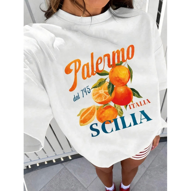 欧美跨境外贸圆领短袖橘子水果字母图案印花夏季新款T恤女士衫