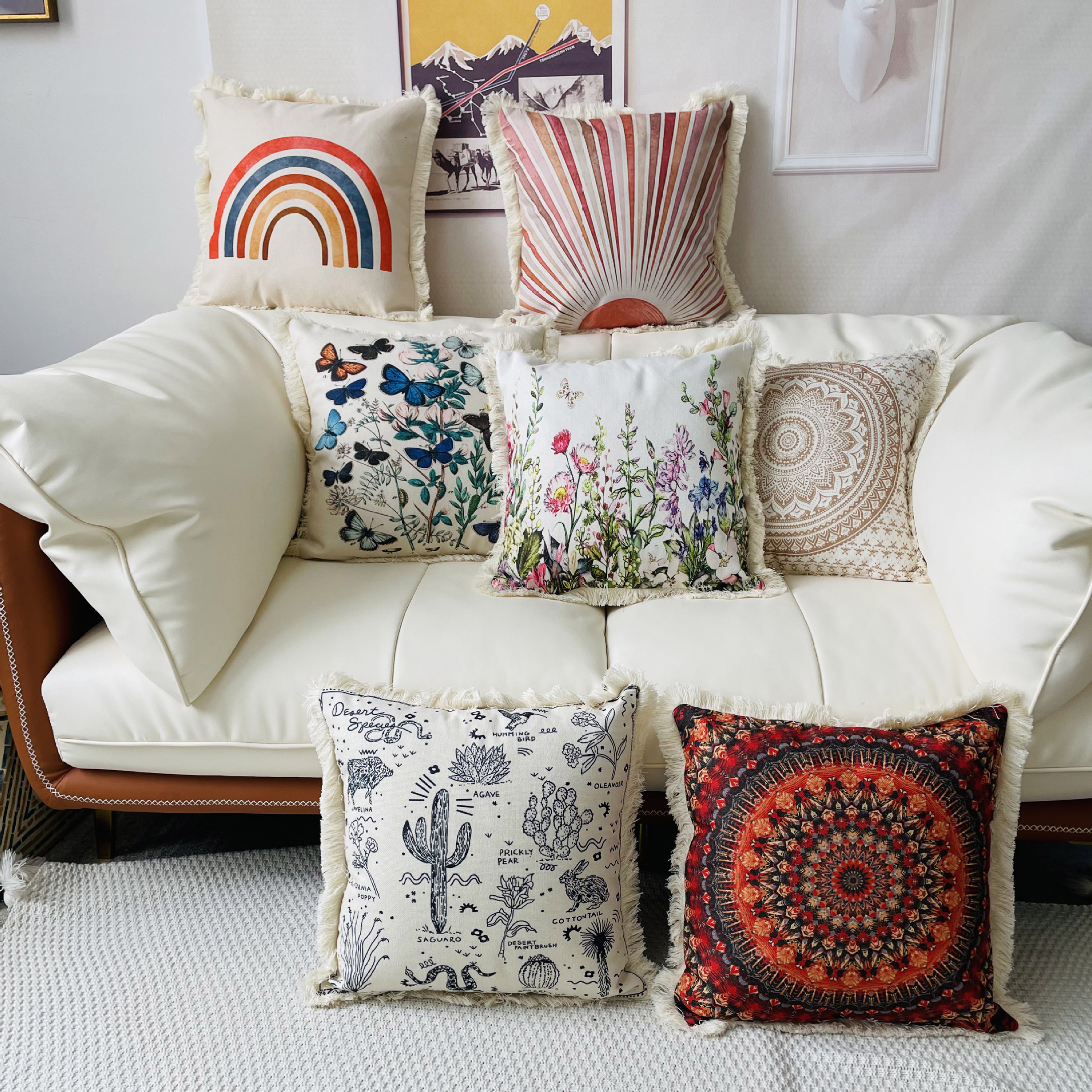 European and American style around tassel edge decorative plant flower cotton linen printed pillowcase home decoration sofa cushion cover_voghion.com