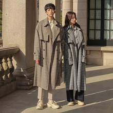【清仓】秋季格子情侣风衣韩版潮流中长款大衣男士帅气chic过膝外