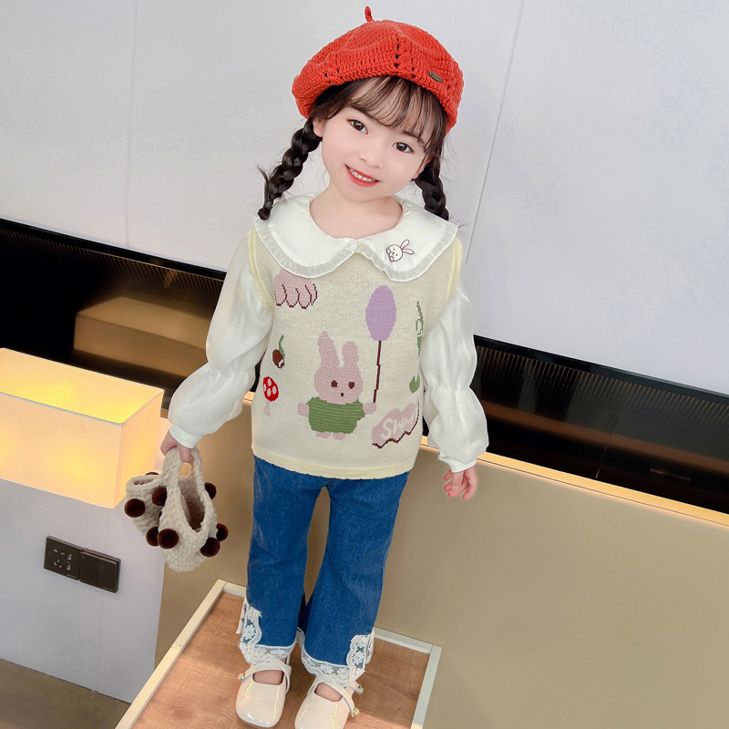 2024 Spring Girls Rabbit Balloon Sweater Vest Lace Lapel Puff Sleeve Shirt Three-Piece Set Manufacturer Wholesale