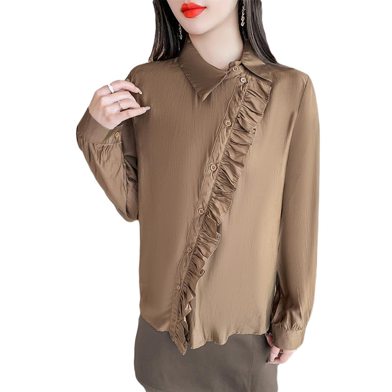 유럽 러플 긴 소매 셔츠 여성의 새로운 2024 가을 패션 작은 셔츠 불규칙한 디자인 센스 옷
