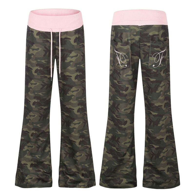 Fold-Over Waist Design Retro Casual Drawstring Camouflage Casual Pants for Women with Slight Flare Fold-Over Waist Design Retro Casual Drawstring Camouflage Casual Pants for Women with Slight Flare