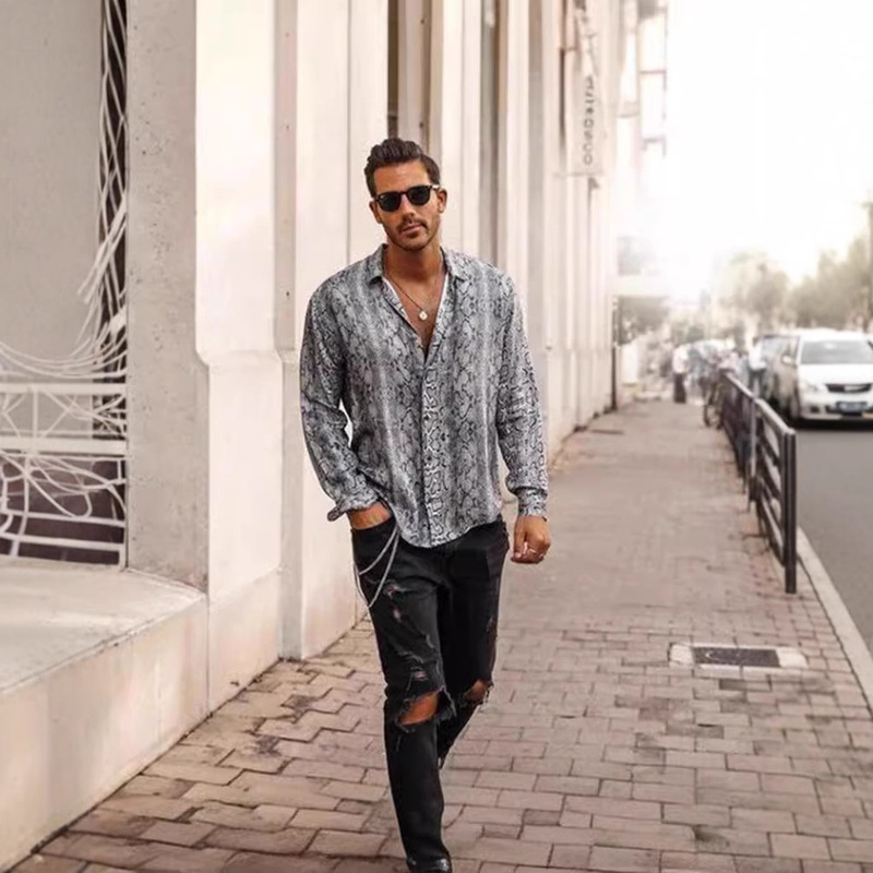 Foreign trade cross-border independent station explosions men's snake print shirt lapel long sleeve button shirt plus size custom Foreign trade cross-border independent station explosions men's snake print shirt lapel long sleeve button shirt plus size custom
