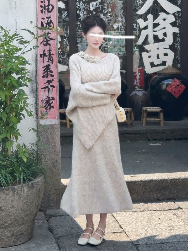 温柔风不规则下摆蝙蝠袖披肩套头毛衣半身裙二件套装秋冬整套穿搭|undefined