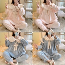 2022韩国冬季法兰绒直播睡衣女加绒加厚公主风家居服套装一件代发