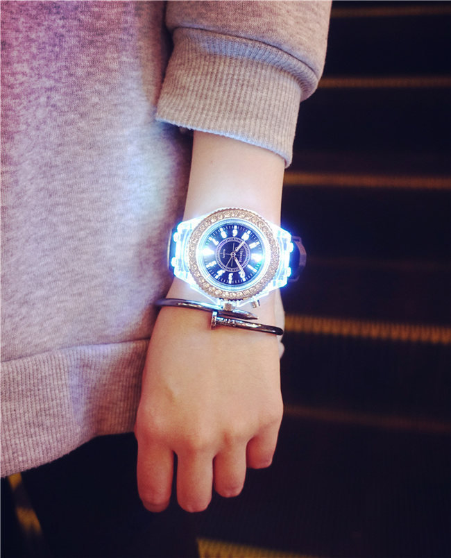 Luminous luminous personality rhinestone led Harajuku Korean fashion trend men and women students couple jelly quartz watch_voghion.com