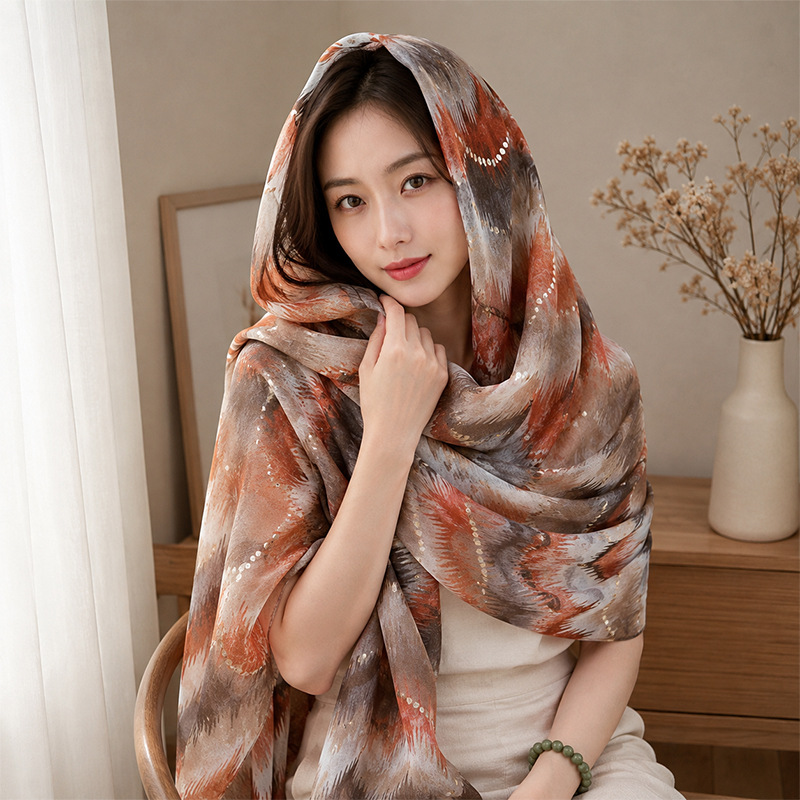Gold-embossed scarf, shawl, ethnic style, Egyptian, Dunhuang, desert, travel outfit, shawl for travel photoshoots, sun-protective veil, headscarf