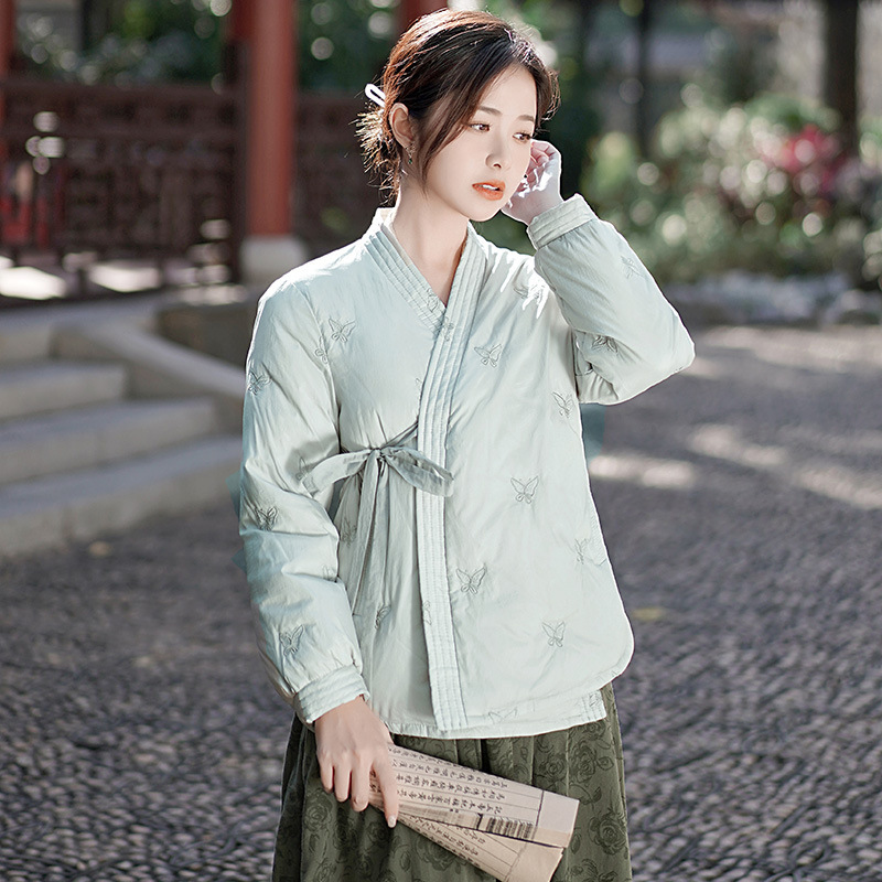 Autumn and Winter Vintage Art New Chinese Style National Style Improved Han Element Lace-up V-Neck Embroidered Warm White Duck Down Jacket