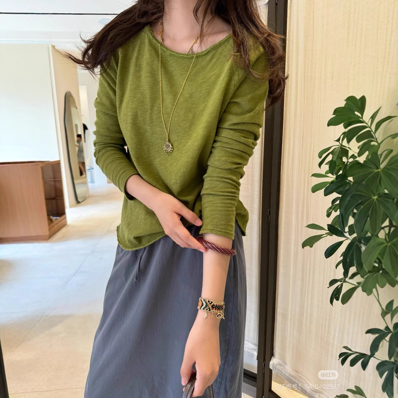 @Mv Bamboo Cotton T-Shirt Long Sleeve 2025 Summer New Style Pure Cotton Loose Korean Style Versatile Round Neck Top