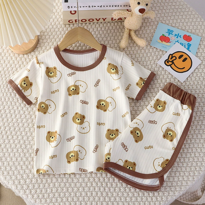 Детские пижамы, тонкие шорты с короткими рукавами, комплект домашней одежды, весенне-осенний комплект одежды для мальчиков и девочек, детская одежда с кондиционером, комплект из двух предметов