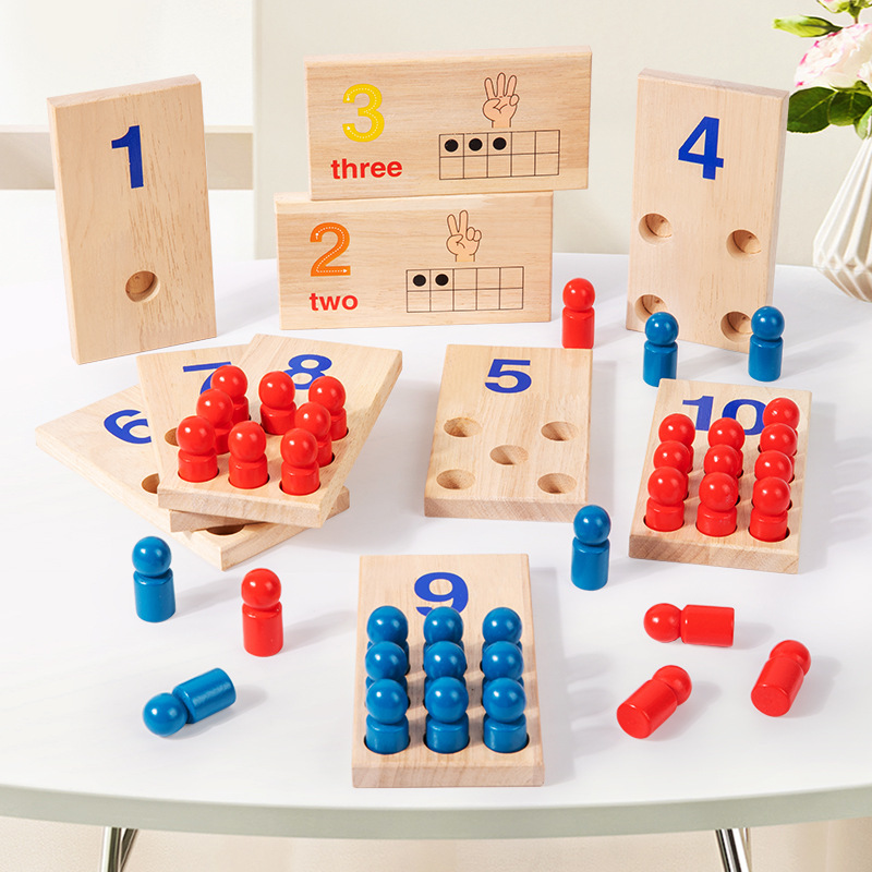 Bloques de matemáticas Montessori transfronterizos: Ayudas didácticas de madera para el aprendizaje de números y cantidades mediante inserción de varillas, ideales para niños de 3 a 6 años.