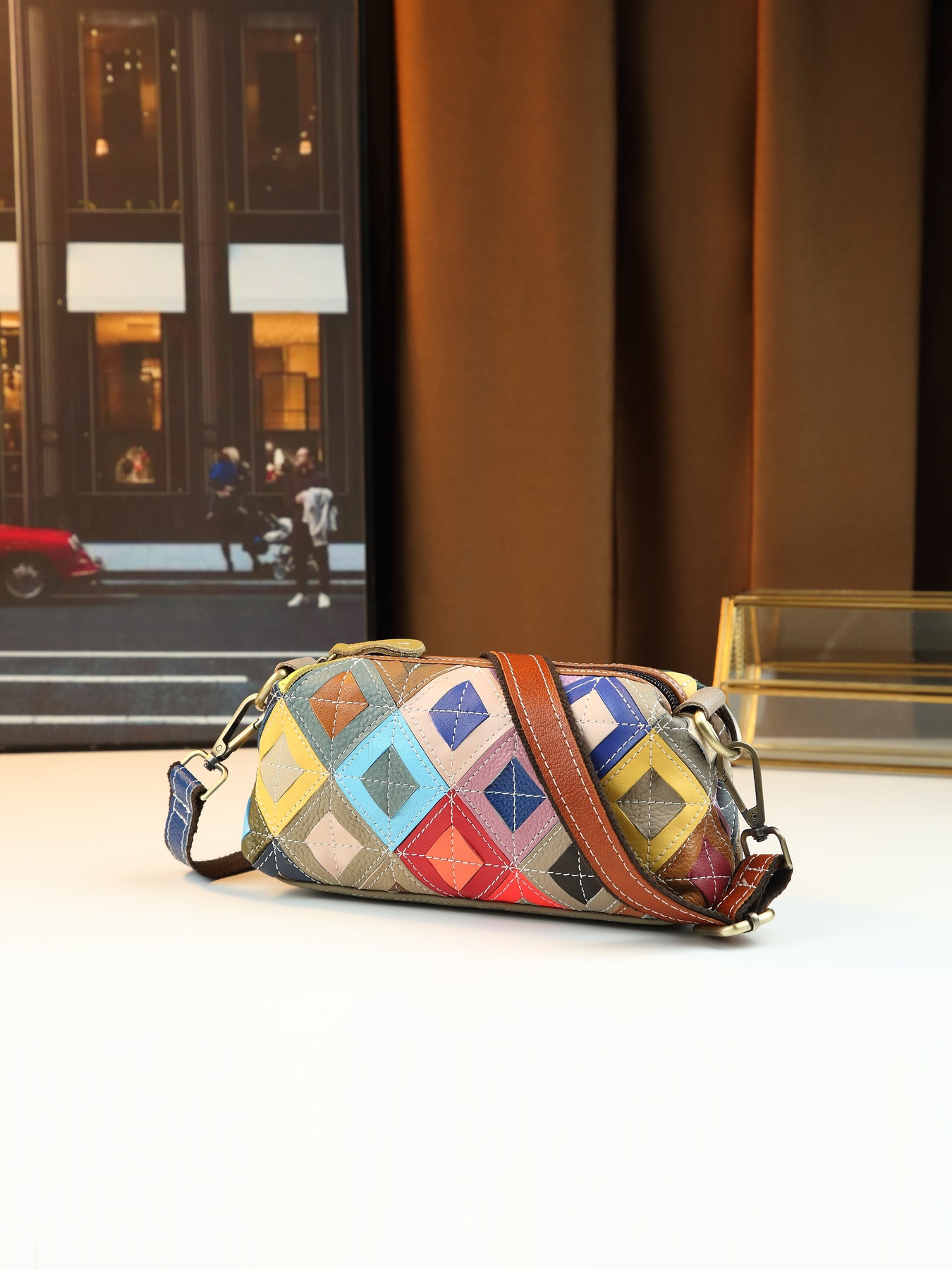 Women's Ethnic Style Colorful Plaid Leather Crossbody Shoulder Bag_voghion.com