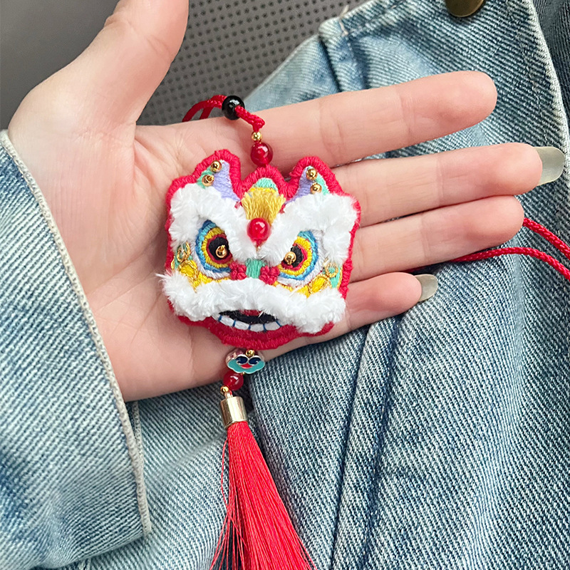 DIY handmade lion head safety talisman car pendant embroidery pendant material bag for father boyfriend birthday gift