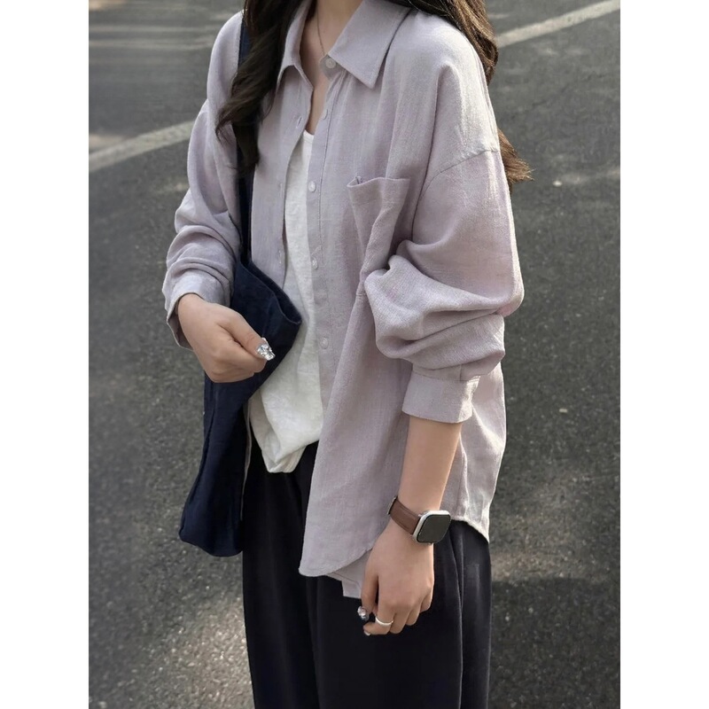 Light Purple Linen Polo Collar Long-Sleeved Shirt for Women in Summer, Loose-Fitting, Sun-Protective, Breathable, Layered and Thin Outerwear
