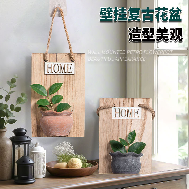 Colgante de pared de madera de cerámica maceta balcón sala de estar creativa suculenta rábano verde cuenca colgante decoración de la pared planta verde cesta de flores