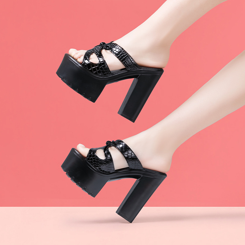 Dép sandal nữ đế xuồng cao 14 cm, mũi hở, quai ngang, platform dày, mùa hè 2025 — Màu đen, Màu trắng