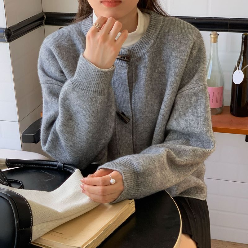 复古牛角扣毛衣开衫女秋冬新款韩版高级感宽松短款针织开衫外套女|undefined