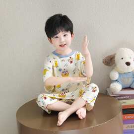 男童2026睡衣连体衣夏季薄款男孩卡通满印冰丝家居服儿童夏款