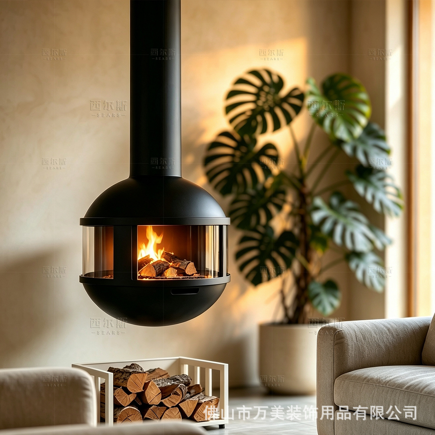 Modern circular suspended wood-burning fireplace, floating fireplace, light luxury loft club indoor fire-view decorative fireplace