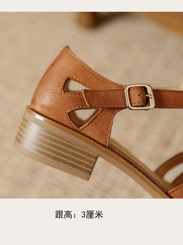 Sandal bít mũi da cừu phong cách La Mã quai chữ T dệt cho nữ — Màu caramel chi tiết 9