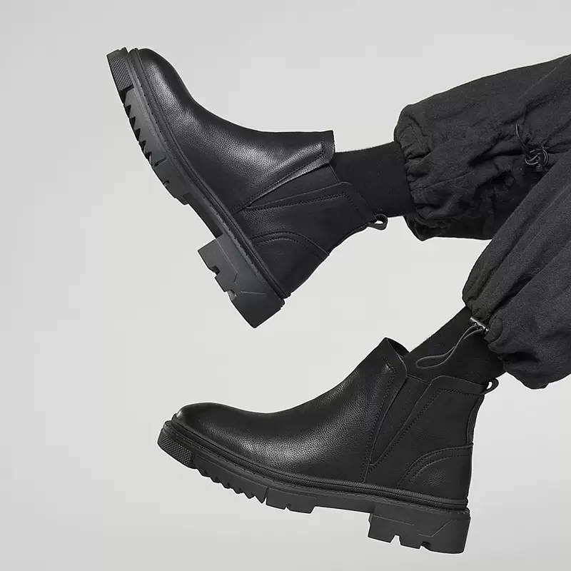 马丁靴男春秋增高厚底切尔西靴低帮一脚蹬男鞋黑色休闲皮靴S52-H