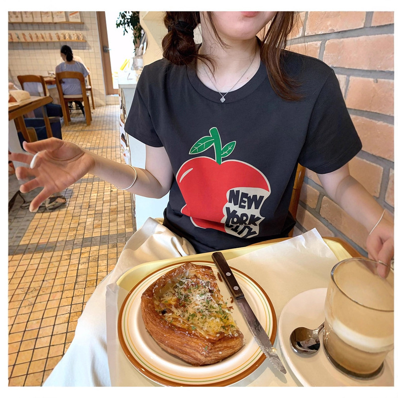 出货中章章 美式复古小t 纯棉正肩apple印花时髦T恤|undefined