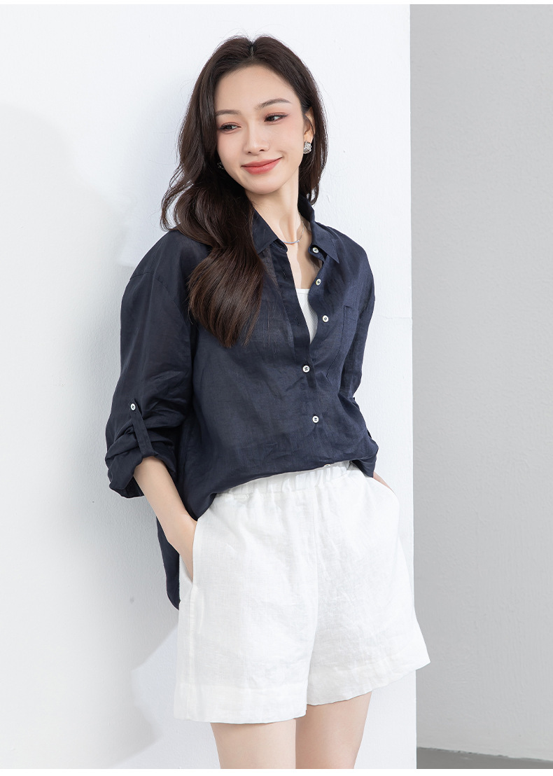 Áo chống nắng nữ dáng dài cổ V tay lỡ chất liệu ramie màu xanh navy — màu xanh navy chi tiết 23