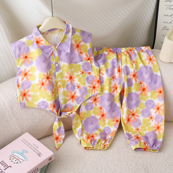 New 2025 Girl's Printed Cool Waistcoat Vest suit Cute Pastoral Style Cool Summer Anti-mosquito Pants Set