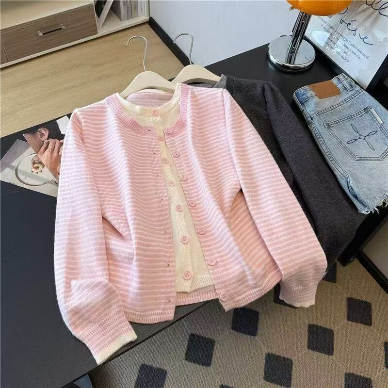 Korean-Style Pink Striped Faux Two-Piece Knitted Cardigan for Women, Spring, Autumn, and Winter Sweater Coat Top, 2026 New Spring Collection Korean-Style Pink Striped Faux Two-Piece Knitted Cardigan for Women, Spring, Autumn, and Winter Sweater Coat Top, 2026 New Spring Collection