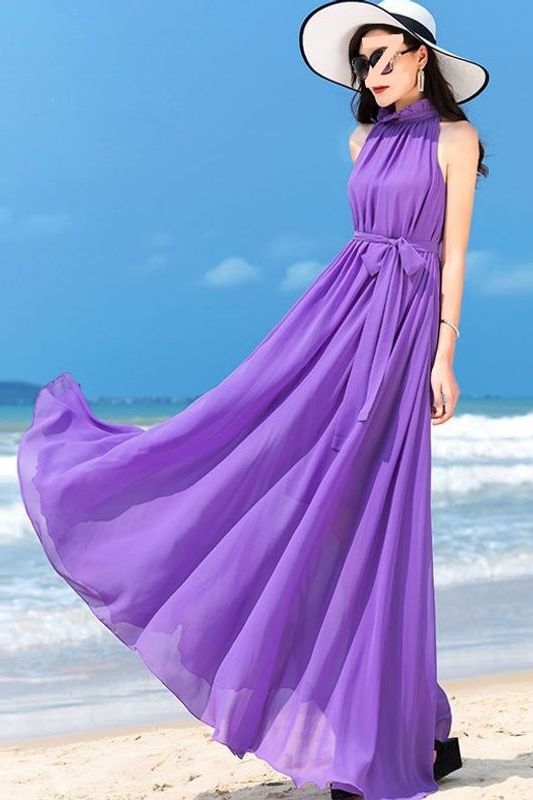 Extra-Long Ankle-Length Dress 2026 New Style Bohemian Solid Color Chiffon Plus Size Dress Vacation Beach Dress Super Fairy-Like