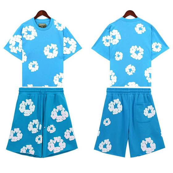 Cross-border factory direct European and American trend hip-hop kapok printed short sleeve suit high street casual loose sportswear