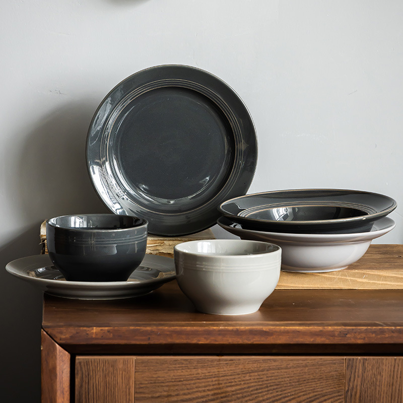 北欧风陶瓷餐具套装家用盘子牛排盘高级感菜盘圆形饭盘草帽碗批发