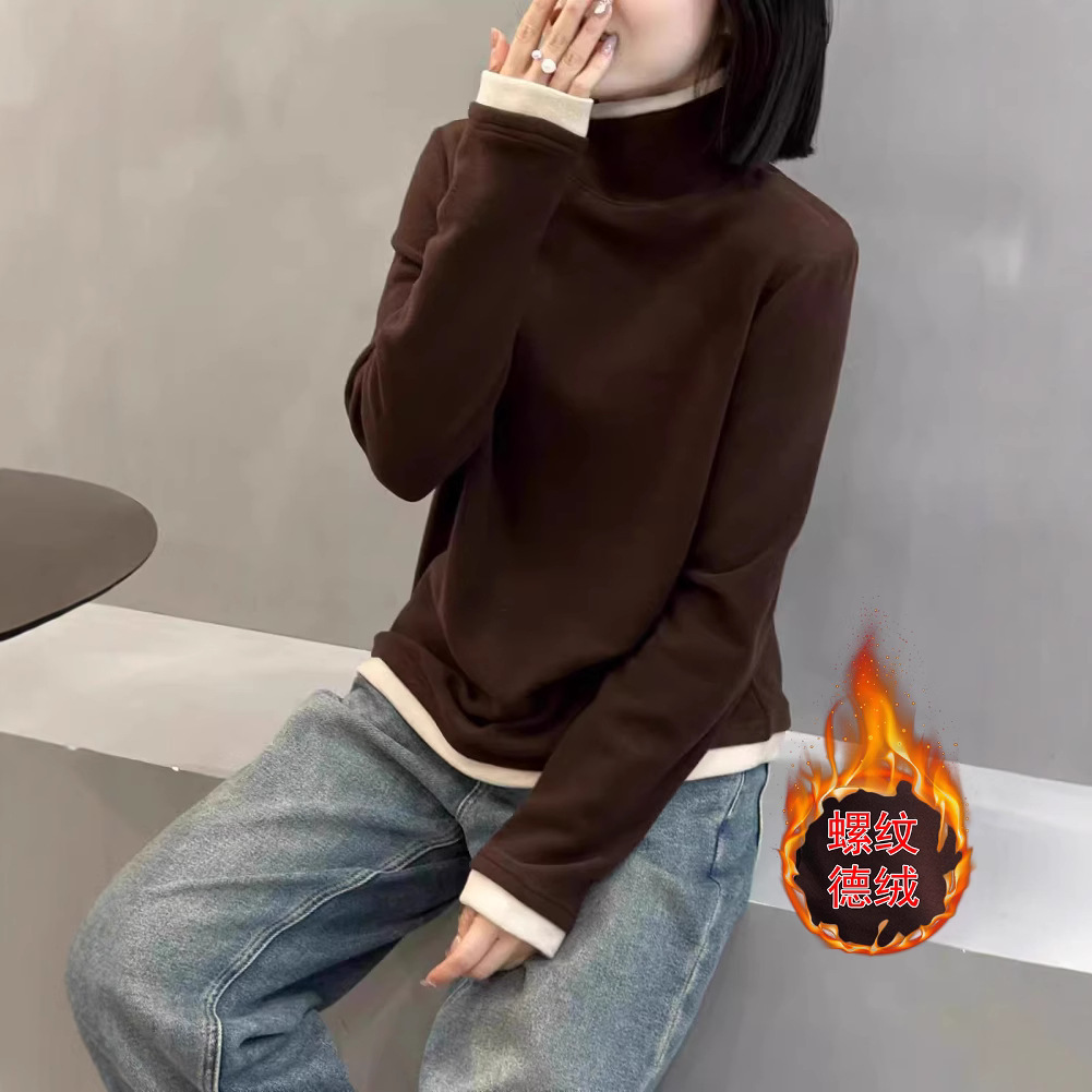 280克螺纹德绒港风气质百搭假两件打底衫秋冬新款百搭妈妈装长袖T