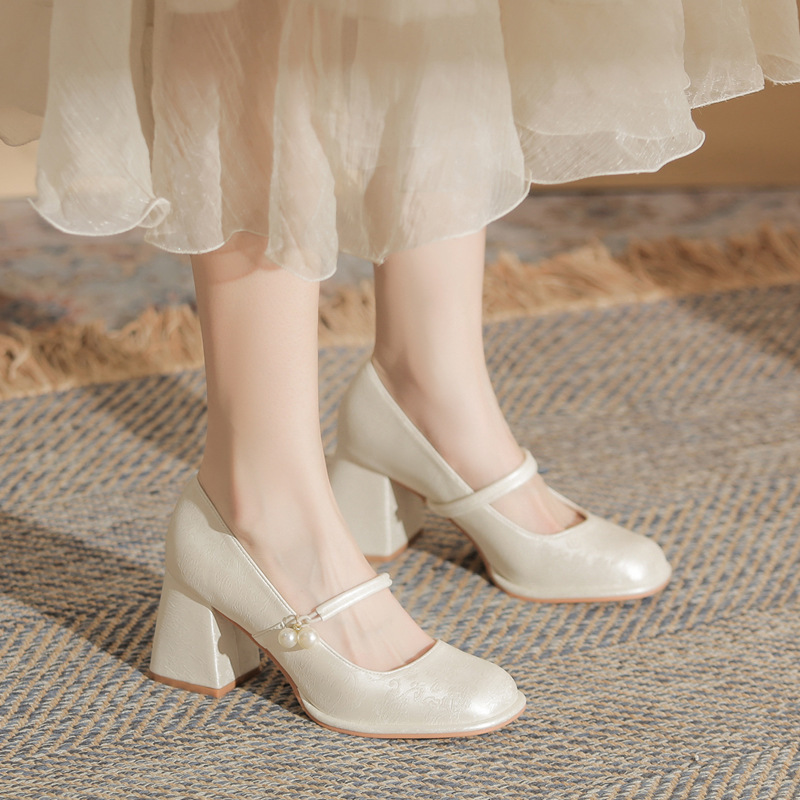 Jin Gang MY7007 Chunky Heel Mary Jane Women's Shoes 2024 New Spring and Autumn All-match High Heels Shallow Mouth Single Shoes for Women