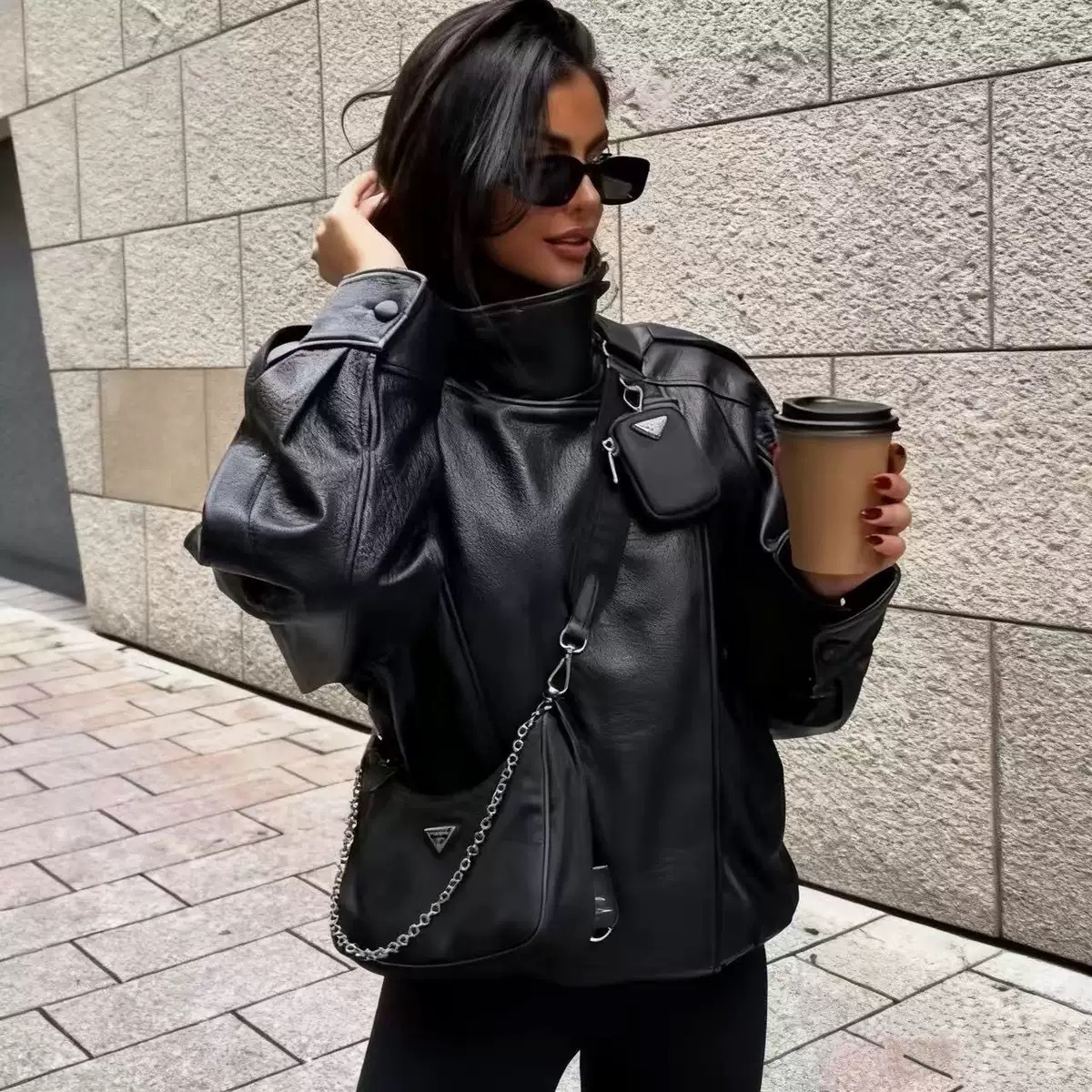 Aliexpress Popular Cross-Border Foreign Trade European and American Style Women's Retro Temperament Pebbled Long-Sleeved Leather Jacket