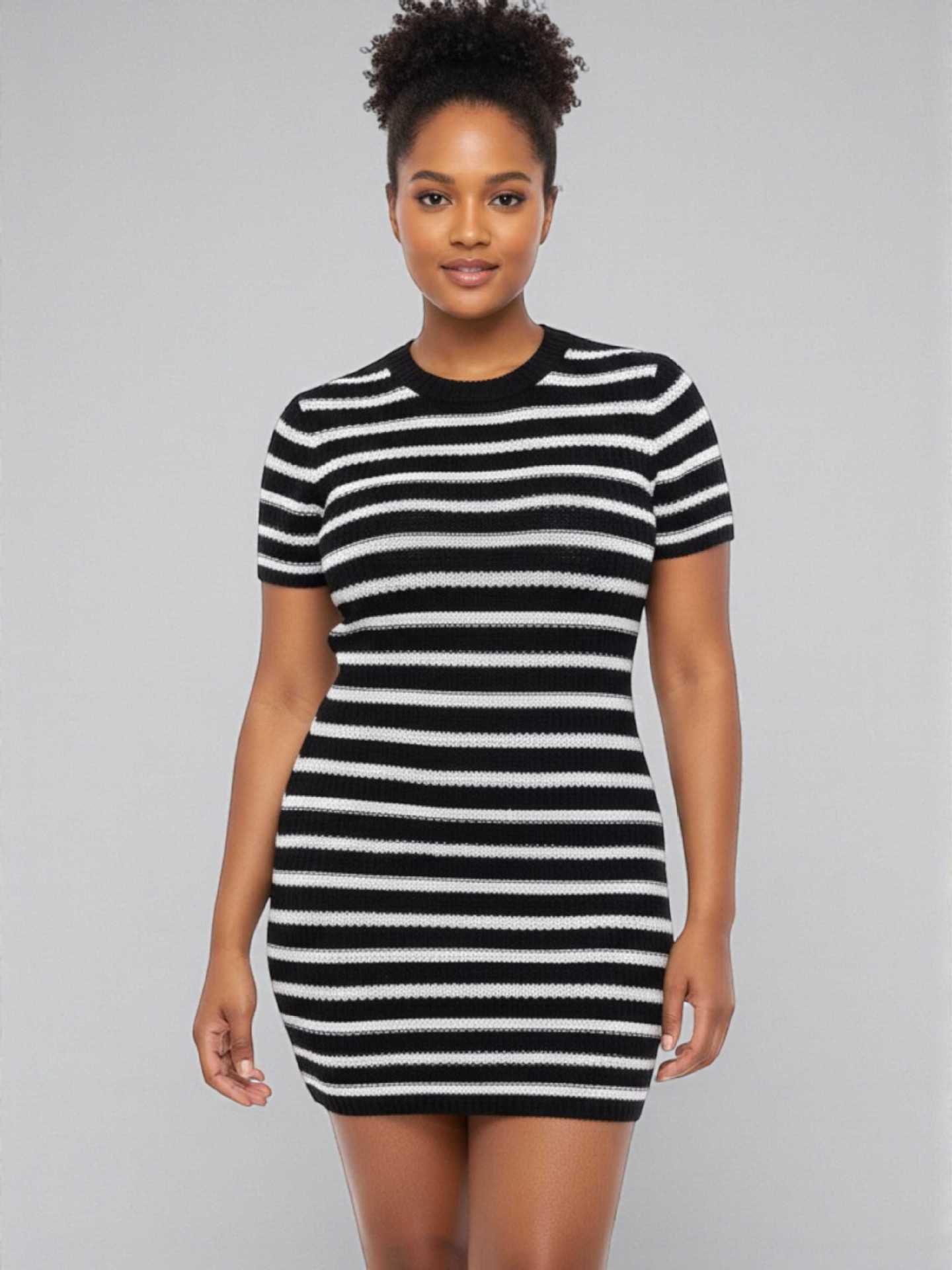 2026 Advanced French-Style Slimming Short-Sleeved Striped Knit Dress With A-Line Silhouette_ecoleips.com