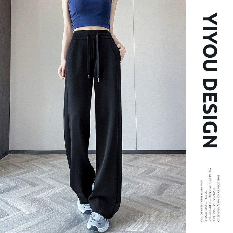 女性用ネイビーブルーワイドレッグパンツ、小柄な人向けの新しい夏のハイウエストカジュアルスウェットパンツ、ナローバージョンのストレートスポーツパンツ|undefined