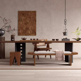 Quiet Style Solid Wood Tea Table Log Large Board Office Reception Tea Table and Chair Combination Home Living Room Kung Fu Tea Table