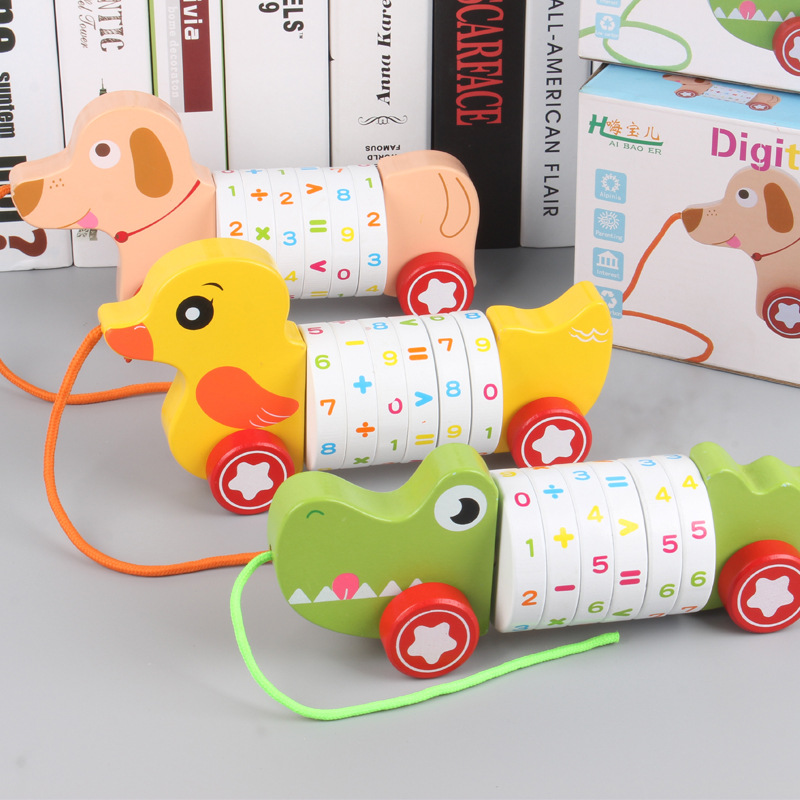 Niños dibujos animados digital cachorro animal remolque coche de madera coche de juguete cachorro de madera cocodrilo remolque juguete