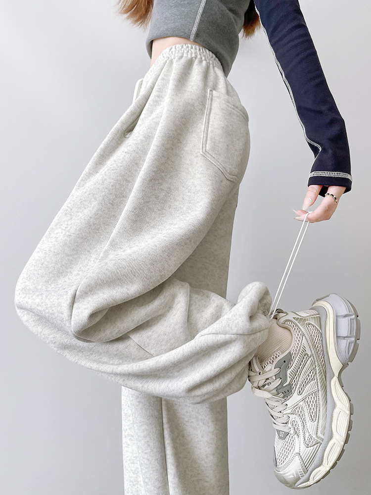 White and Gray Women's Sweatpants for Autumn and Winter, High-Waisted, Loose Fit, Casual Wide-Leg Pants, Fleece-Lined, Petite Jogger Sweatpants