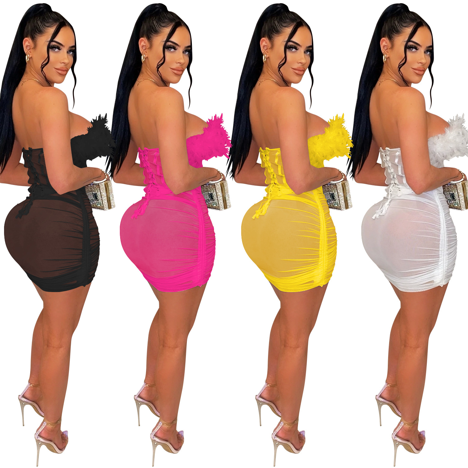X5903 AliExpress Amazon europeo y americano color sólido malla transparente pluma encaje chaleco plisado Falda midi conjunto de dos piezas