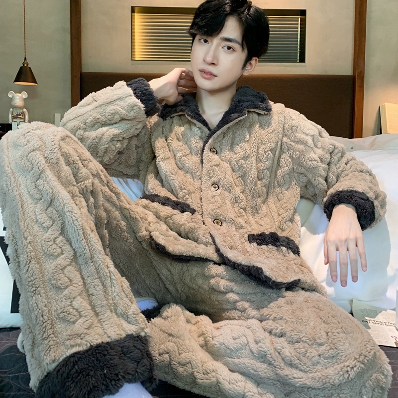 2024 신사복 산호 벨벳 플러스 벨벳 두꺼운 옷깃 가디건 간단한 남성 홈웨어 캐주얼 투피스 양복 겨울