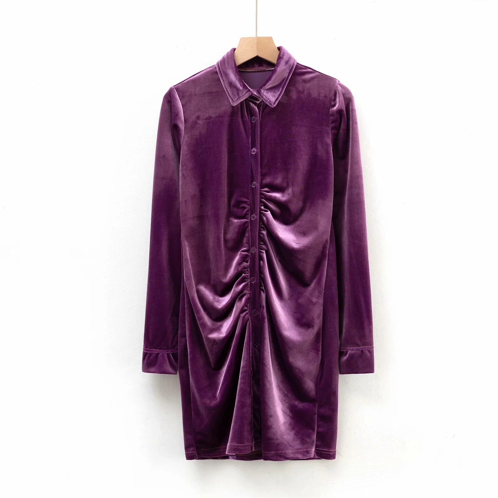 Polo Collar Pleated Long-Sleeved Buttoned Velvet Dress NSAC33574