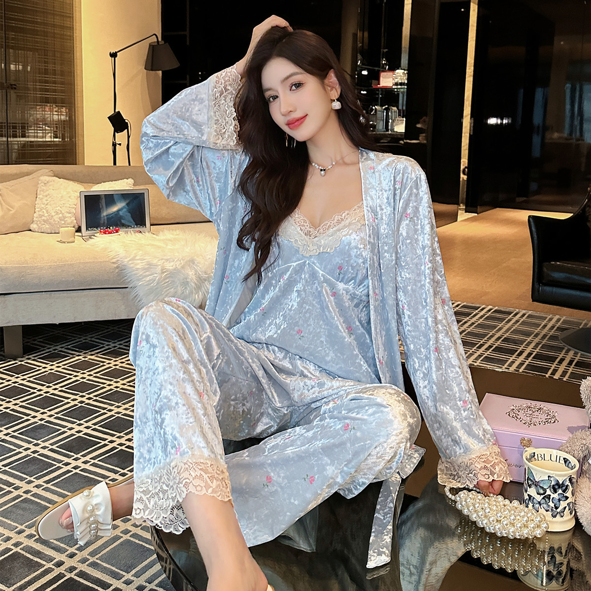 New style gold velvet nightgown with chest pad suspender trousers three-piece set women's pajamas sweet and sexy lace home clothes