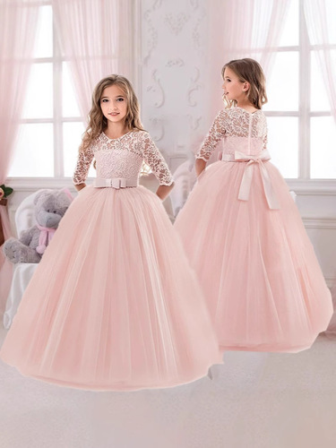 Girls' Bow Puffy Skirt Flower Girl Wedding Dress Children's Dress Girl's Dress Princess Three-Quarter Sleeve Dress