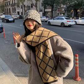 双面菱形格子针织毛线围巾女秋冬季学生保暖围脖小披肩自发热防寒