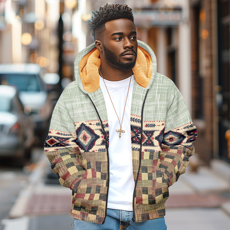 Men's Zip-Up Hoodie, Winter Thickened Parka Coat, Ethnic Tribal Pattern Jacket, Windbreaker, Sweatshirt, Outerwear