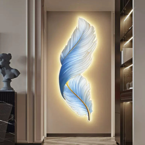 Feather living room decorative painting sofa background wall hanging painting high-end LED light bedroom bedside wall art entranceway light painting