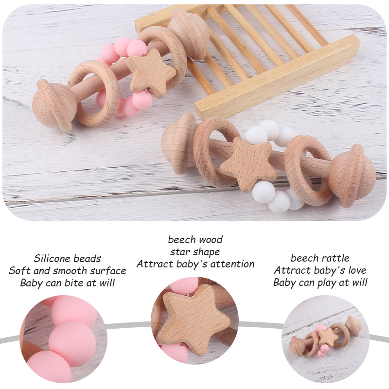 Creativo nuevo juguete para niños mordedor Beech bebé sonajero de mano cuentas de silicona bebé ejercicio interactivo mordedor palo