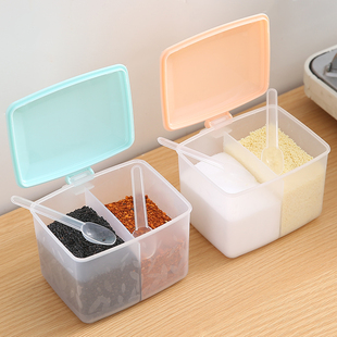 Double-compartment Seasoning Box with Lid suit Kitchen Storage Household Seasoning Monosodium Salt Pepper Sugar Tank for Spoon